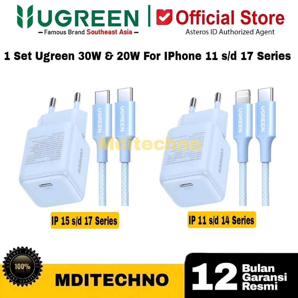 1 ชุด Ugreen Charger 30W & 20W สีฟ้าสําหรับ Iphone 11 ถึง 17 Series