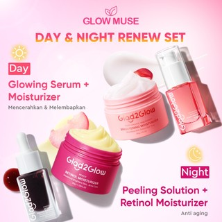 [100% ORI]Glad2Glow Day&Night Renew Bundle 4in1 - 4 PCS Barrier Skincare Paket Brightening Moisturizer + Retinol Moisturizer + Brightening Serum + Retinol Serum Ceramide Kering Membersihkan Wajah Acid Cooling Kotoran Mencerahkan Vitamin G2G