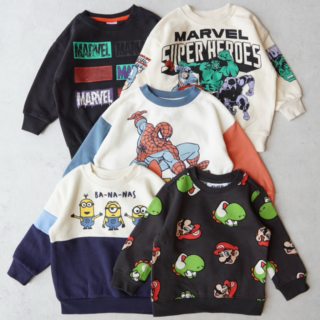 เสื้อสเวตเตอร์ผ้าฟลีซ-ลินินตัวละครเด็กผู้ชาย | ไซส์ 2-8y | Minion mario yoshi สไปเดอร์แมนมาร์เวล | เ