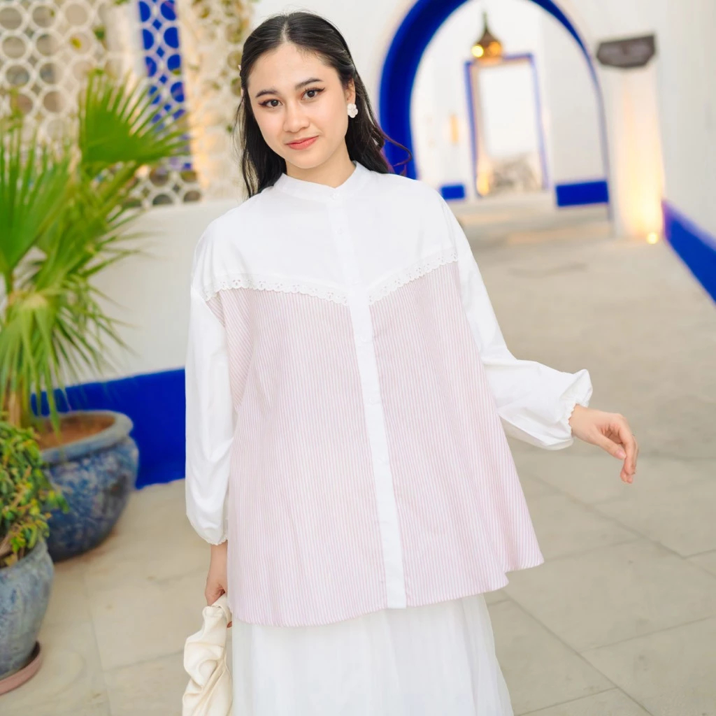 KEMEJA HIJABCHIC เสื้อมุสลิมลายลูกไม้ผ้าฝ้ายทุกขนาดสีชมพูคอปกแขน Pof