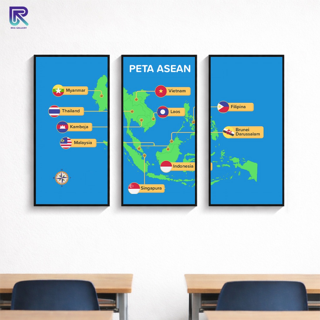 RHA GALLERY กรอบโปสเตอร์การศึกษาสําหรับเด็กแผนที่อาเซียนชุดกรอบตกแต่งระดับโรงเรียน HD 3 ชิ้น