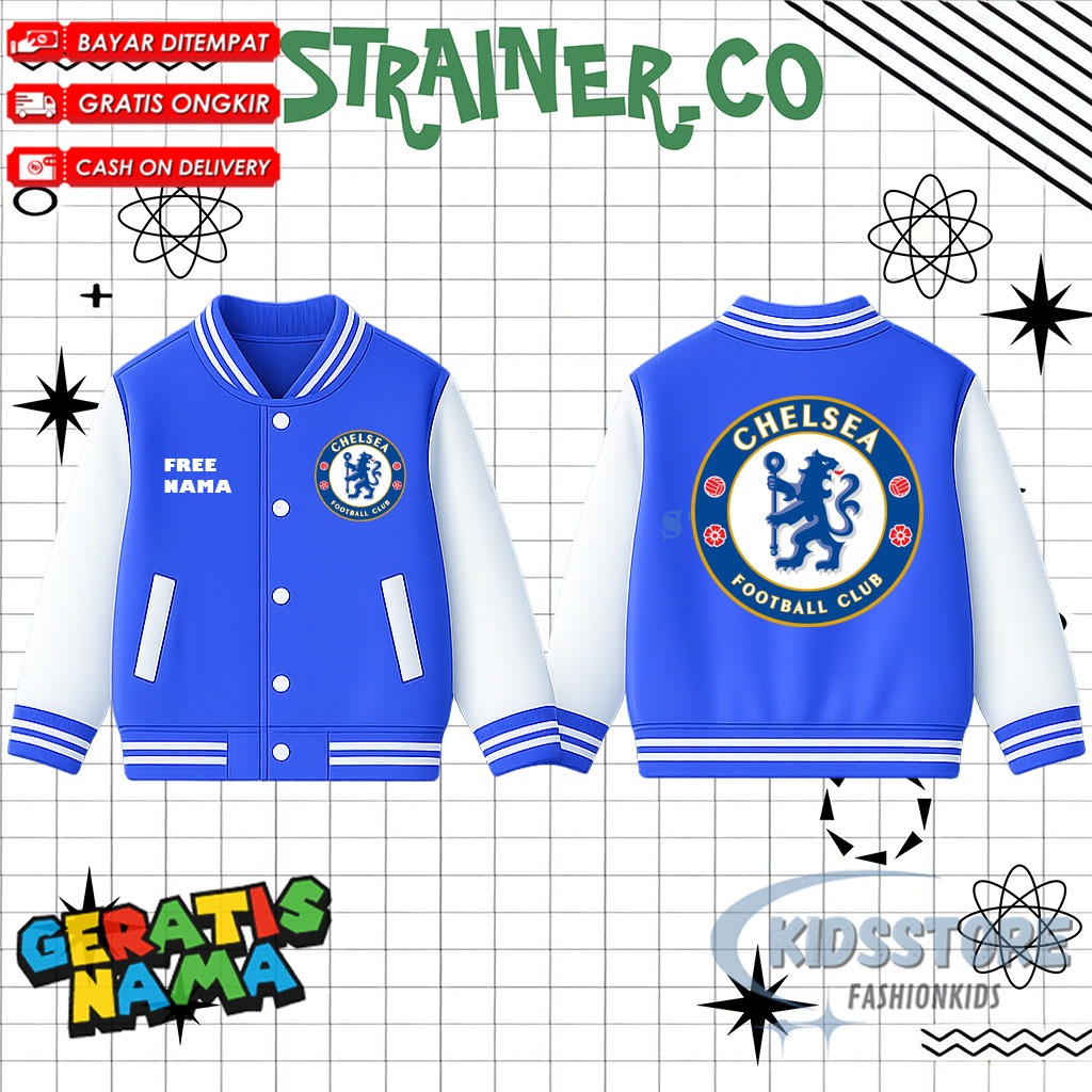 Chelsea Kids Varsity Jacket / เสื้อแจ็คเก็ตเบสบอลสําหรับเด็ก Unisex Chelsea Club ชื่อฟรีชายหญิง