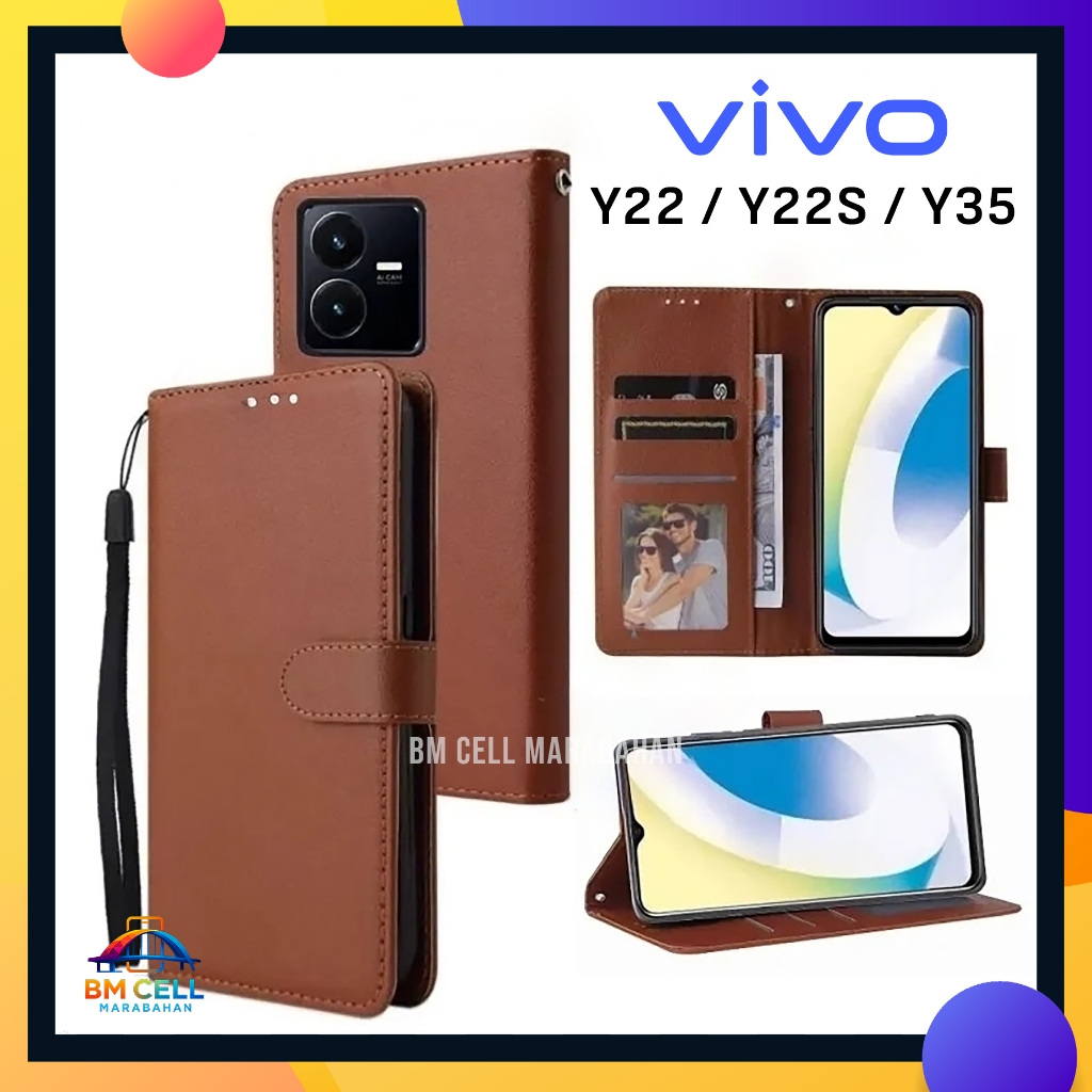 Vivo Y22 / Y22s / Y35 Flip Cover Premium Softcase Card Slot เงินการป้องกันเต็มรูปแบบหรูหรา