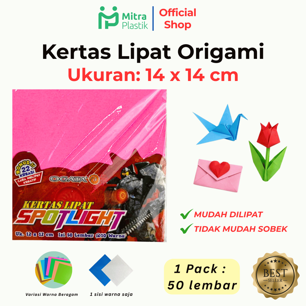 14x14 กระดาษพับ Ogata Origami ขนาดเล็ก 1 ด้านสีสันสดใส