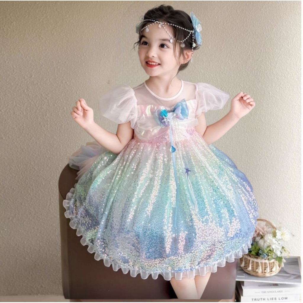 (AGE 2,3,4,5,6,7,8TH) DKJAA- D778 DRESS MERMAID RAINBOW FULL SEQUIN