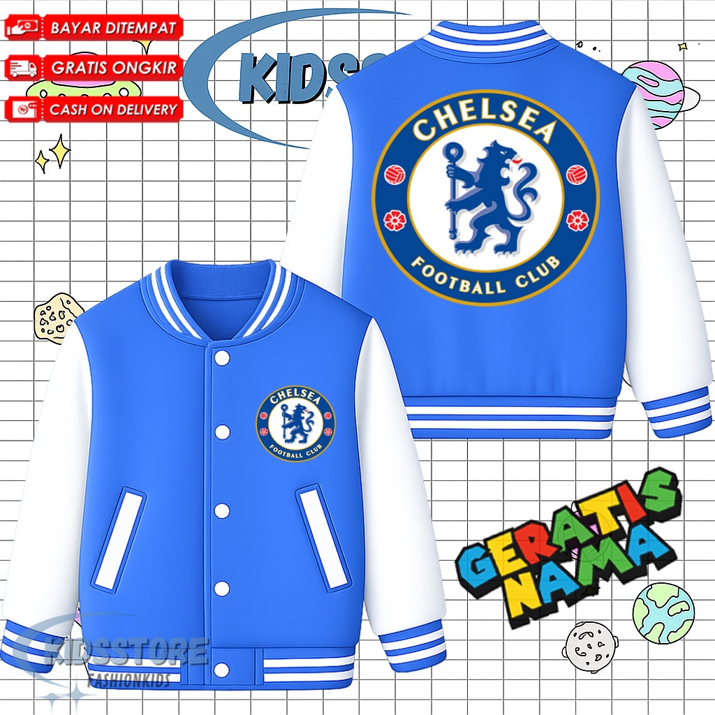 Chelsea Kids Varsity Jacket - เสื้อแจ็คเก็ต Varsity Unisex สําหรับเด็กชายและเด็กหญิง Chelsea FREE NA