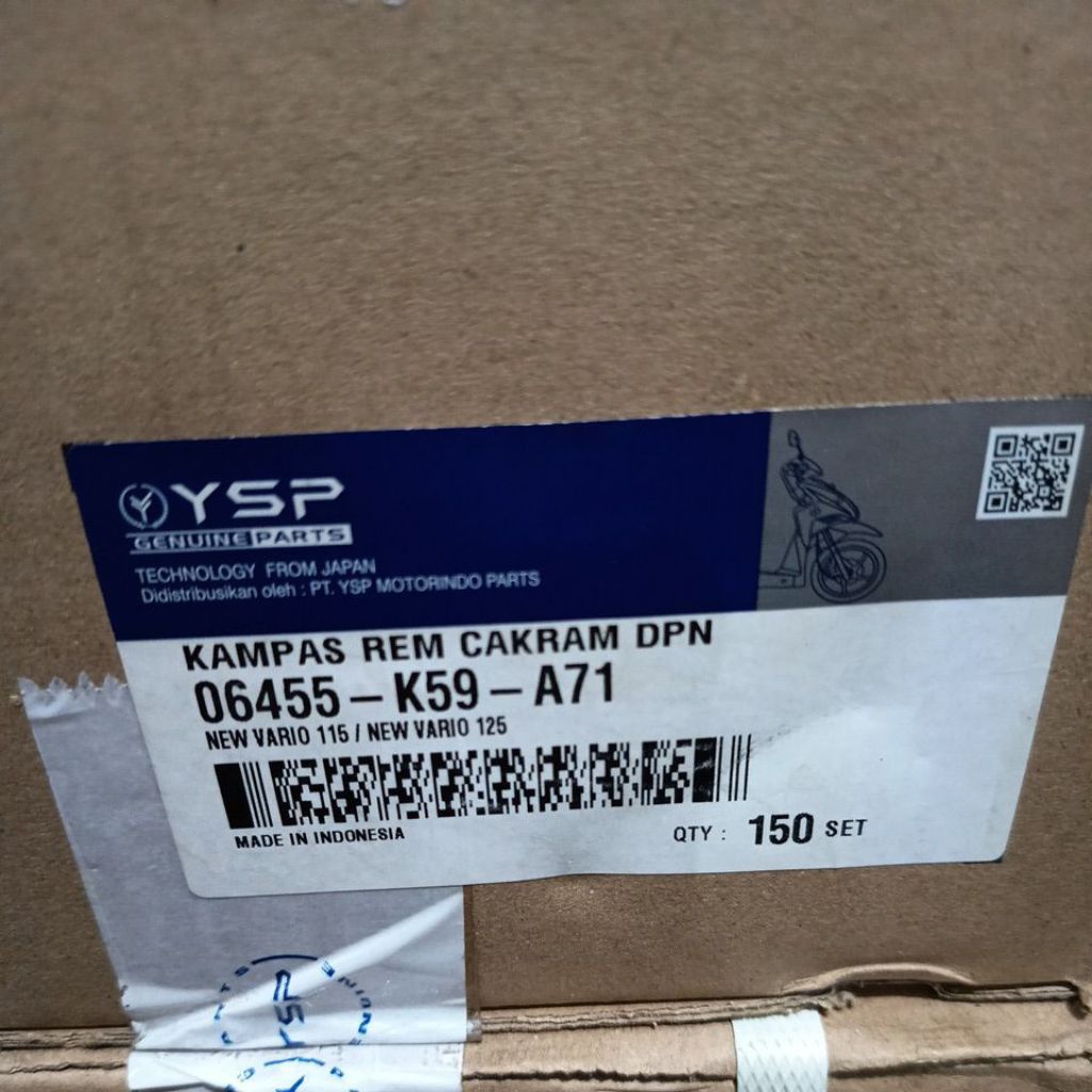 HONDA VARIO 150 ผ้าดิสเบรคหน้า DISCPAD ORIGINAL YSP (06455-K59-A71)