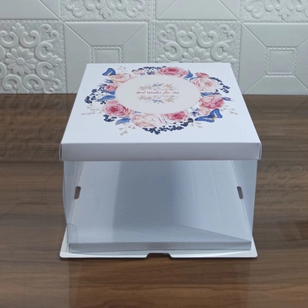 Legit Gift Layer Cake Box/Mica Box Transparent Tart Cake Box Hampers Cake Box White Flowering Motif 