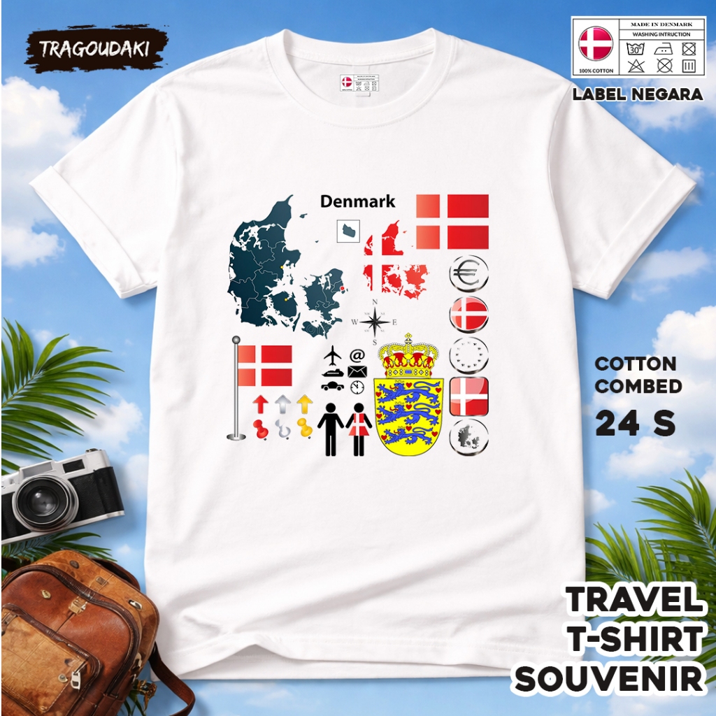 DENMARK ของที่ระลึก T-SHIRT DENMARK 37 Tag ของที่ระลึก เสื้อผ้าทําจากผ้าฝ้ายหวี 24s