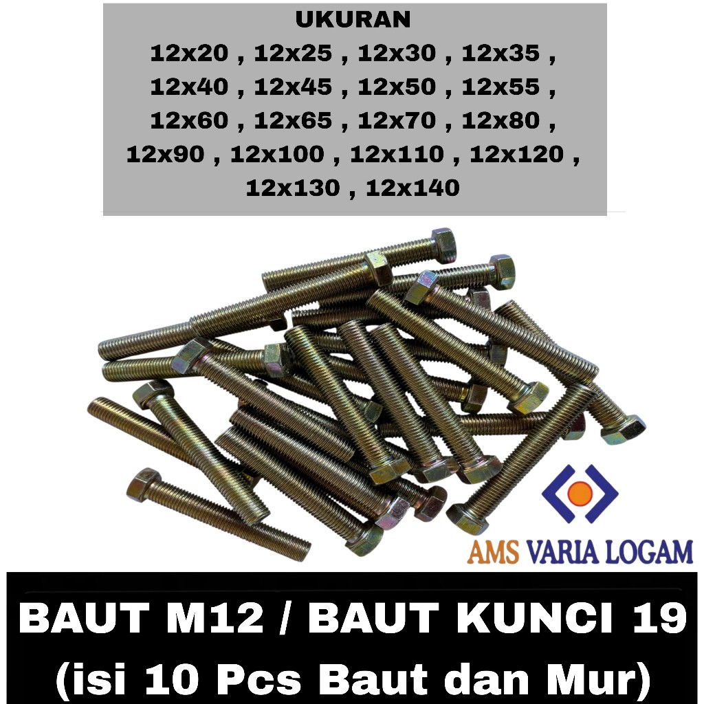 10 ชิ้นสีเหลืองหกเหลี่ยม M12 สลักเกลียวและถั่ว (KEY 19) / M12 Bolts / Nut Bolts / M12 NUT Bolts 20 M