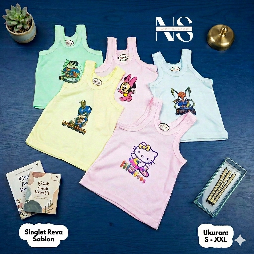 3 ชิ้น Reva เด็กเสื้อกล้ามหน้าจอสีพิมพ์ Reva เด็กเสื้อกล้าม Reva เด็กเสื้อกล้าม SML XL XXL