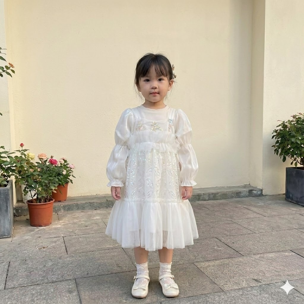 AGE 1 และ 4 ปี DKJH-DRESS COMBINATION TILE SEQUIN LONG SLEEVE ORGANIZA T-SHIRT
