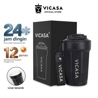 VICASA 13oz/385ml Mug Kopi Stainless Steel dengan Lapisan Keramik dan Tutup Termos Vakum untuk Minuman Panas dan Dingin - Hitam, Keramik Dalam