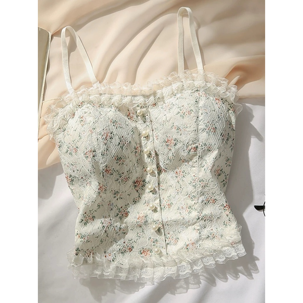 [พร้อมทุกวัน Kawaii Y2K Coquette Mori Goth Vintage Outfit] Tanktop Camisole ดอกไม้ด้านใน Brukat ลูกไ