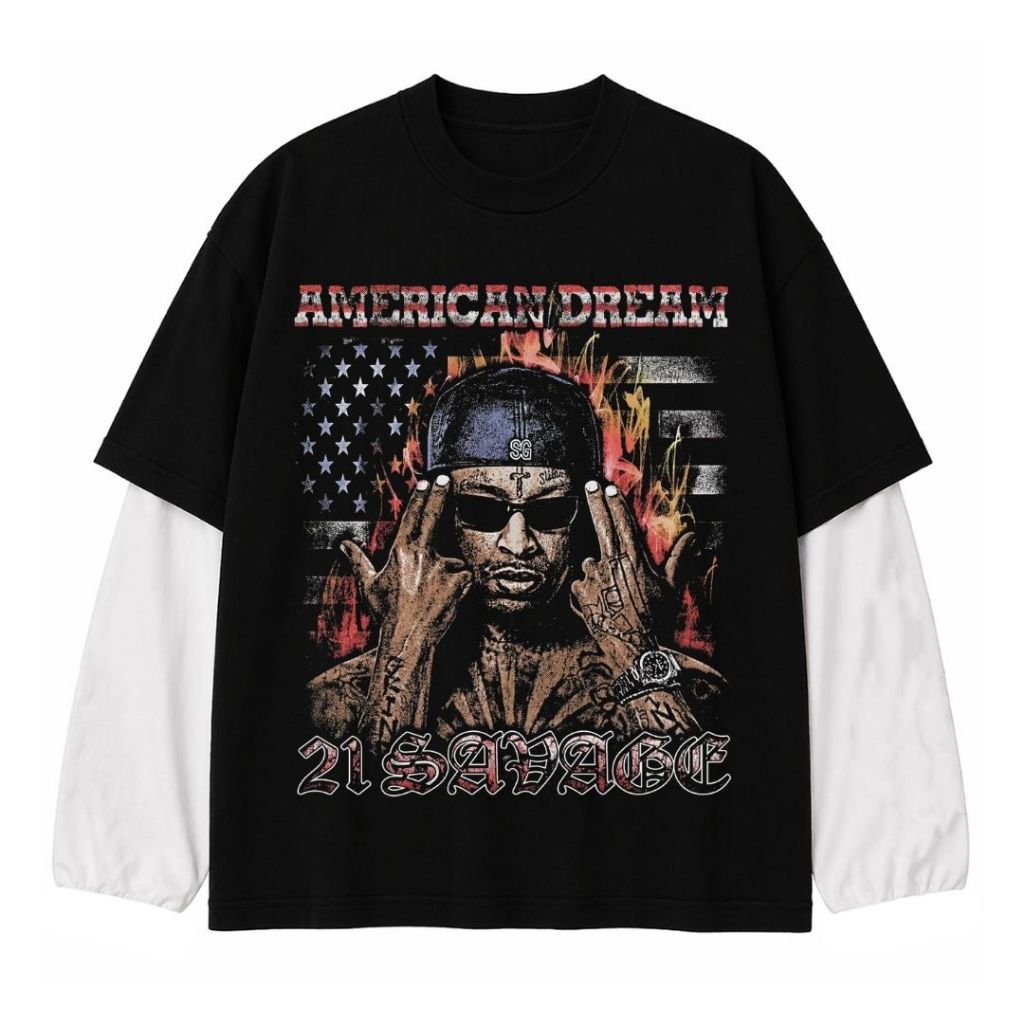Psycho Crucify "American Dream 21 Savage" Double layer Black | เสื้อยืดแขนยาว | เสื้อยืดผู้ชายและผู้