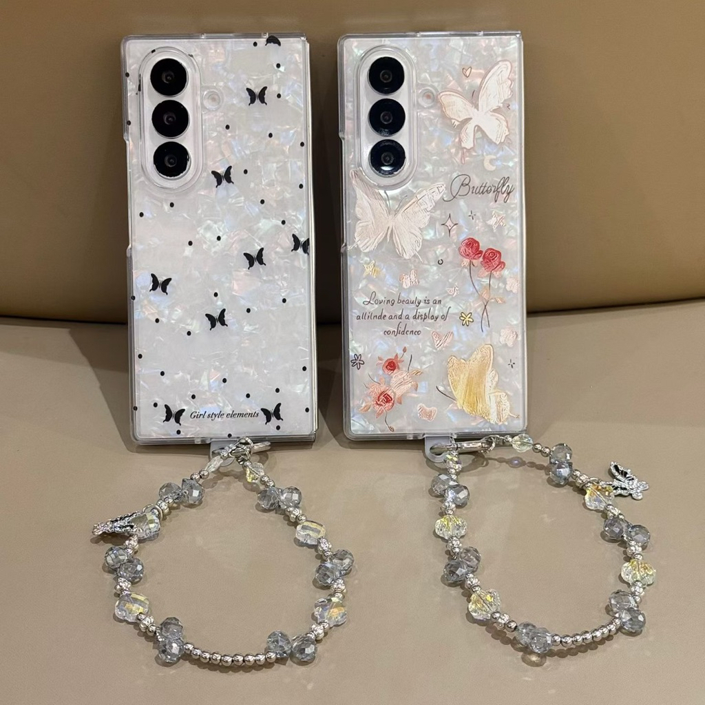 SAMSUNG GANTUNGANใหม่Zflip Zfold Pearl Shellผีเสื้อสวยเพชรพร้อมสายโซ่HpปลอกKerenสําหรับSamsung Z Fli