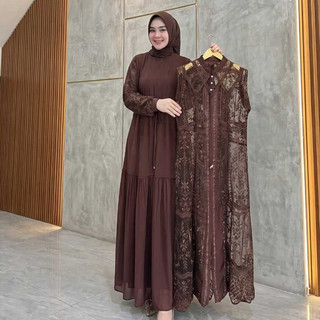 Gamis Kondangan Set Outher Brukat Terbaru 2026 Dress Kondangan Burgundy Mewah Elegan MIx Swarovski