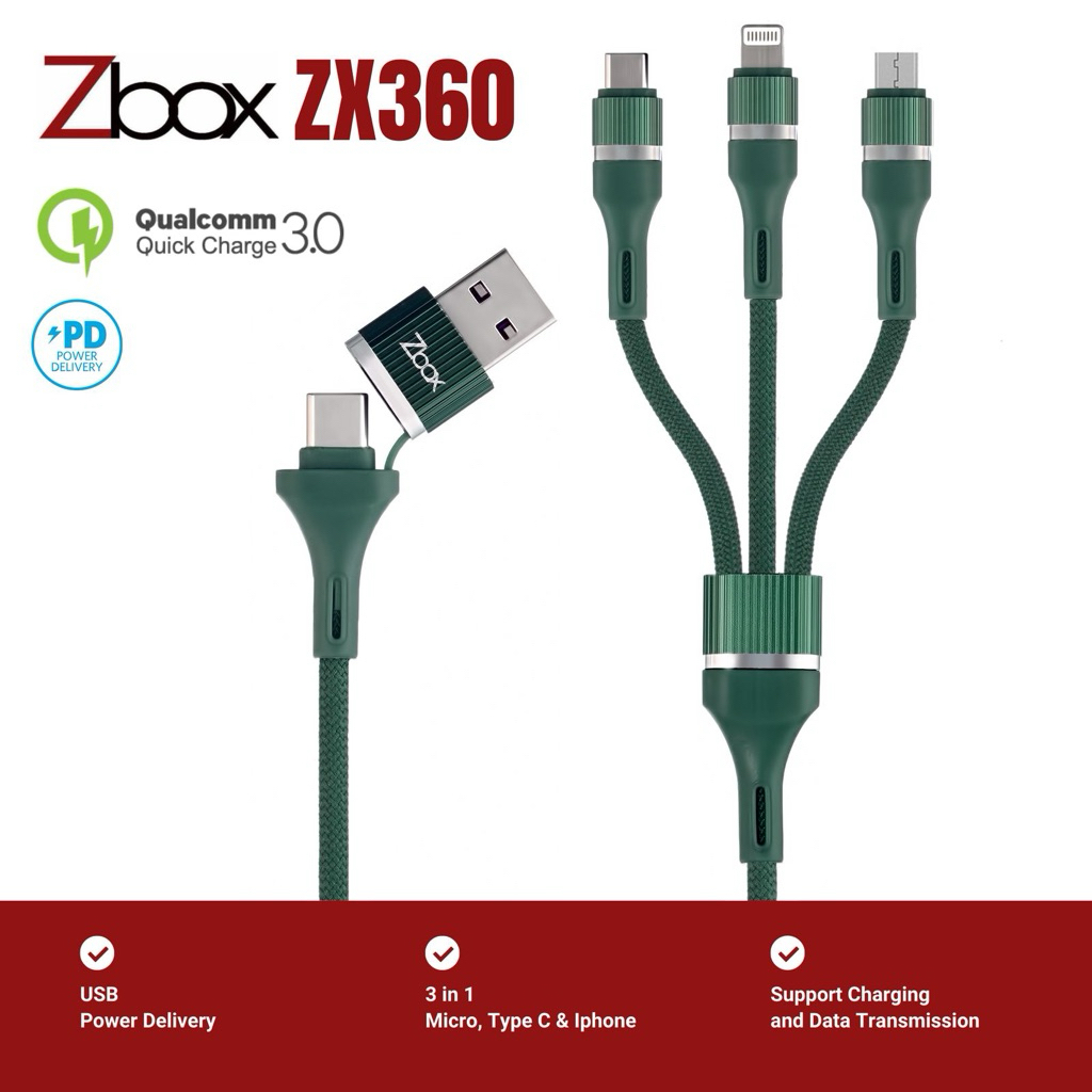 ZBOX ZX360 สายชาร์จเร็วอเนกประสงค์ 3-in-1, USB และ C TO Micro / TYPE C / IPHONE