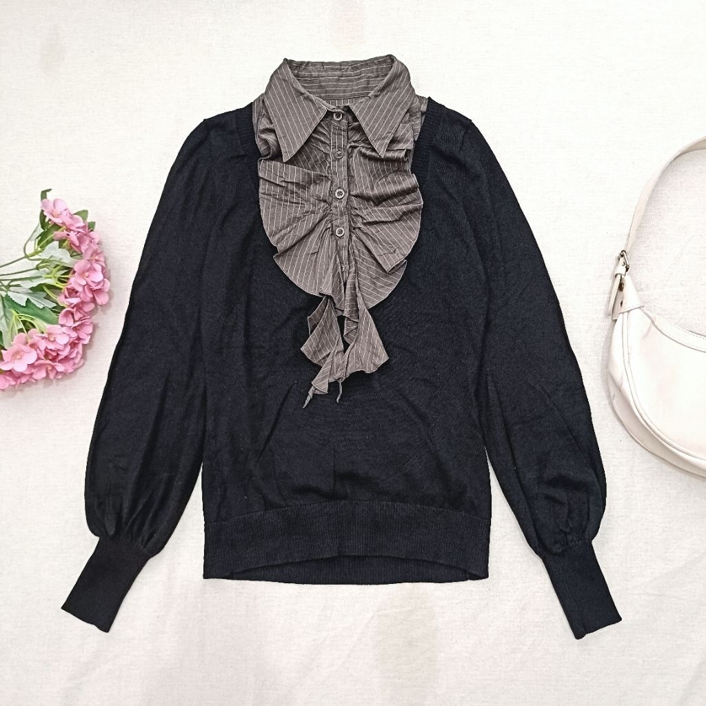 C DE C Japan Womens Black Knit Top Ruffle Collar Dark Coquette Vintage