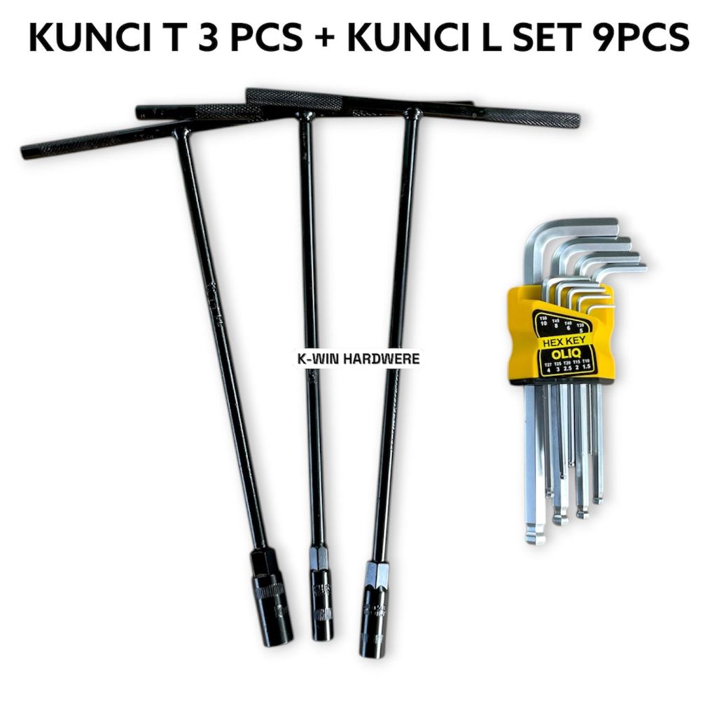 K-WIN แพคเกจประแจ T-Socket สีดําขนาด 8 มม. 10 มม. 12 มม. / T-Wrench 8/10/12 มม., L-Spanner ชุด 9 ชิ้