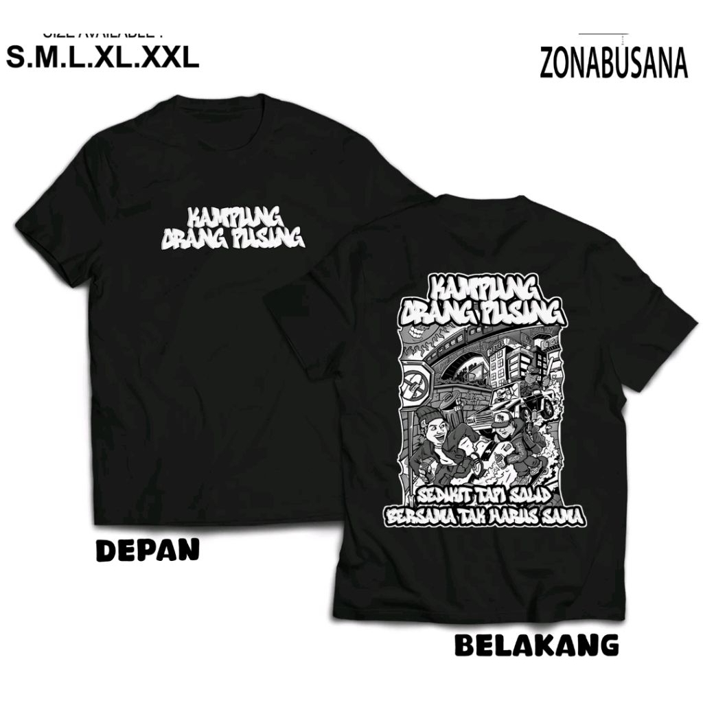 VILLAGE เสื้อยืดสําหรับ DIZZY PEOPLE, LITTLE BUT SOLID, ด้านหน้าและกลับ MOTIF