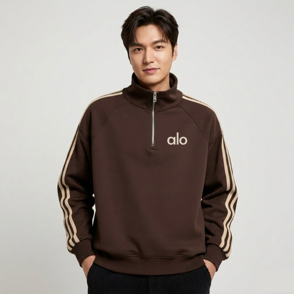Allo Sweater Crewneck Half Zipper Strip Rugby Dark Brown Men Women - Mens Sporty Jacket - Half Zip S