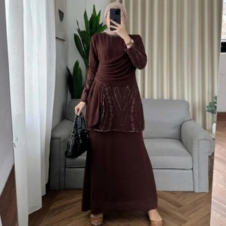 Anabel Dress Mewah Terbaru 2026 Viral Bahan Ceruty Babydoll Aplikasi Brokat Mix Payet Warna Mahogany