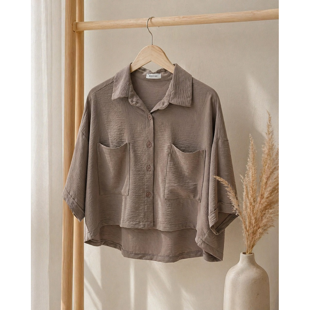 Preloved Taupe Minimalist Womens Blouse, Casual Chic Loose Large Top, Like New