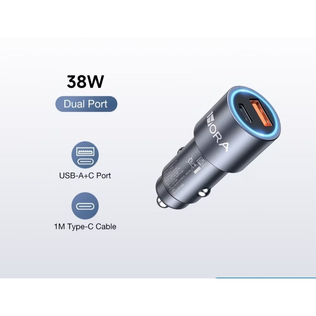 1hora car charger 38W dual port สาย USB A+C type C