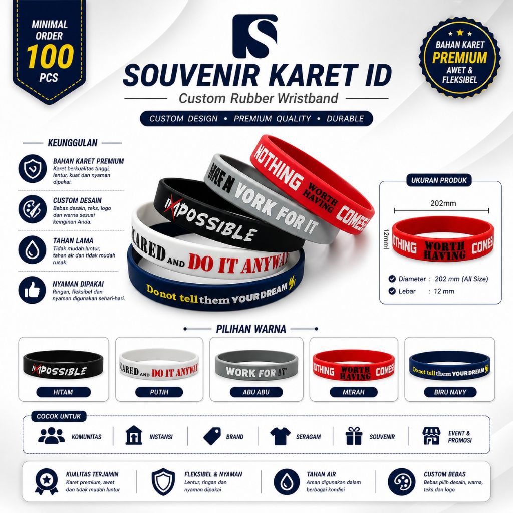 MINIMAL CUSTOM RUBBER WRISTBAND BRACELET - MINIMUM 100 PCS LOGO / WRITING DESIGN ACCORDING TO DESIRE