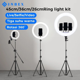 INBEX Ring Light Tripod Ukuran Besar 45cm/26cm Lampu Konten Kreator with 3 Holder HP Livestreaming LED Overhead Tripod