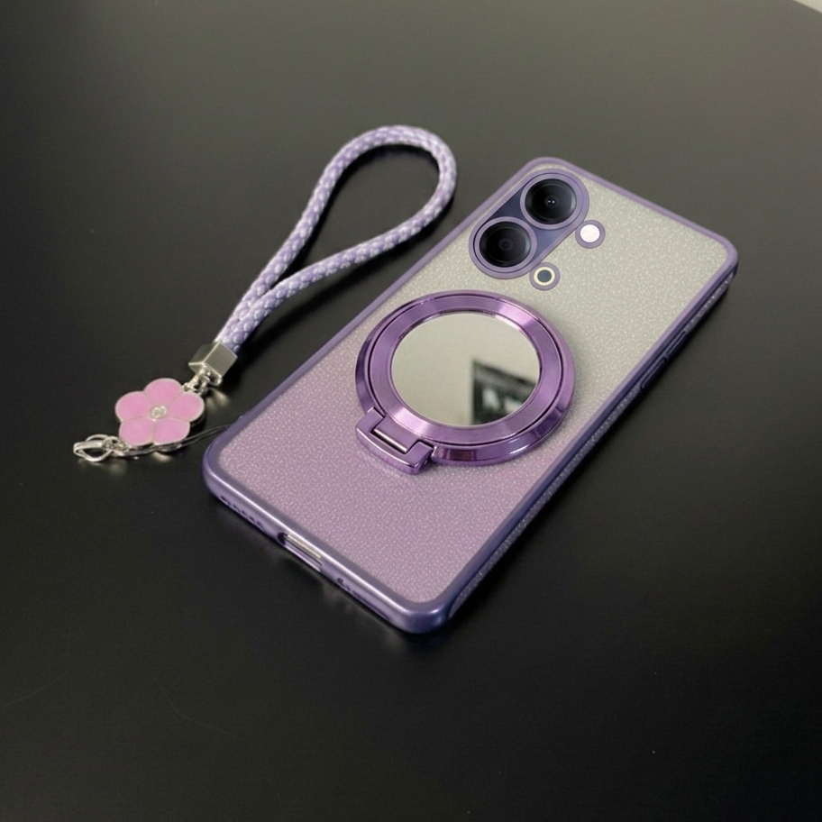Vivo Y05 เคสกระจกแหวนกลิตเตอร์หรูหราฟรีเชือกเส้นเล็กดอกไม้