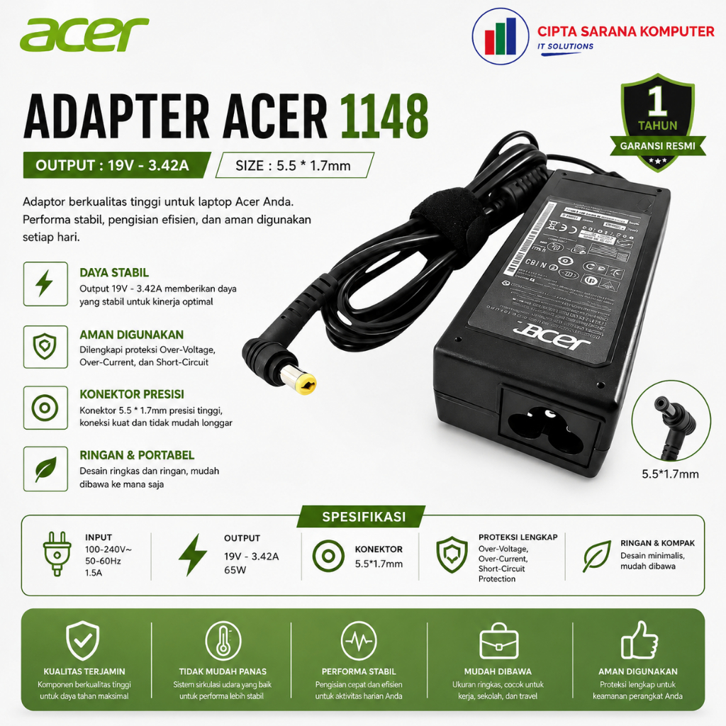 ACER อะแดปเตอร์ชาร์จแล็ปท็อป 19V 3.42A - 5.5*1.7mm A311 A314 A315 A514 A515 E1 E3 E5 ES1 V3 V5 Z1401