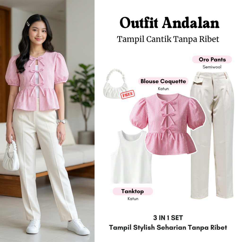 One Set Women 3IN1 Blouse Coquette, Oro Pants, Tanktop - น่ารัก, อินเทรนด์ Hangout Outfit - GRL 168