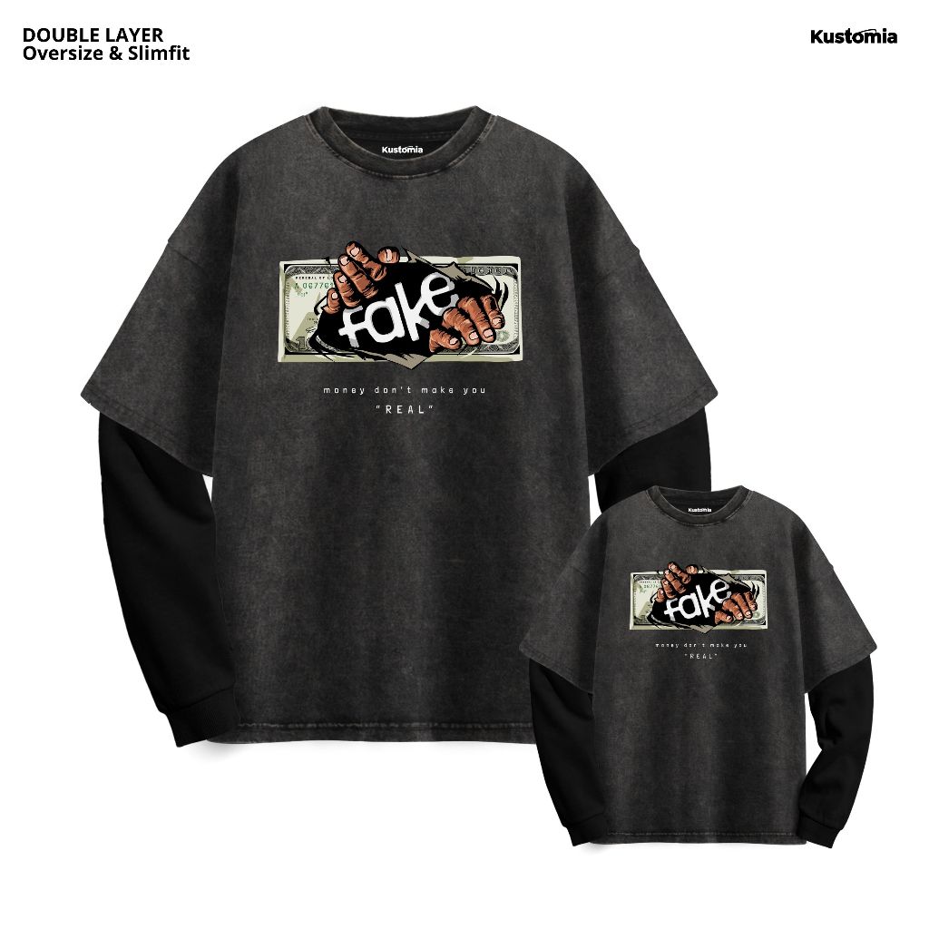 KUSTOMIA Fake Money Double Layer Washed T-shirt Oversize Slimfit FAKE MONEY