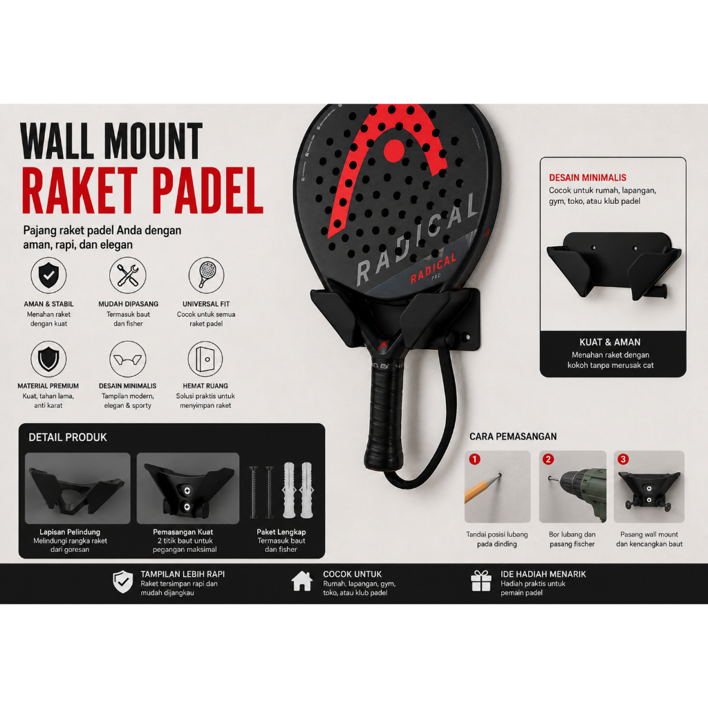 Padel Premium Racket Wall Mount – Modern Padel Racket Wall Bracket
