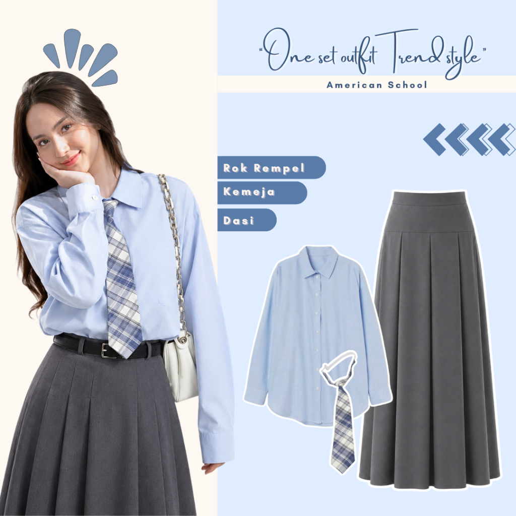 KEMEJA American School Teenage Girls 4-in-1 Outfit Set (ผูก + เสื้อกั๊ก + เสื้อ + กระโปรง) อินเทรนด์