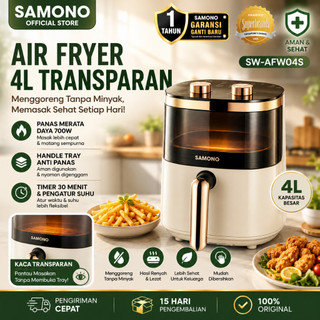 SAMONO Air Fryer 4L Kaca Transparan Menggoreng Tanpa Minyak Low Watt 700W Penggoreng Tanpa Minyak Low Fat Health Fryer Aesthetic Putih Gold Garansi Resmi 1 Tahun Hadiah Pernikahan Wedding Gift Aesthetic Kado Teman Sahabat Elegan AFW04S