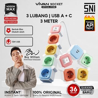 [SNI Tahan Api 750 Derajat] VIVAN Stop Kontak Fleksibel Kabel 3/4 Lubang 1.8/3 Meter Terminal Colokan Listrik Rainbow USB Charging Port Garansi 36 Bulan VPS-H2130C
