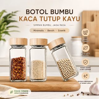Botol Bumbu Kaca 120 ml Tempat Bumbu Dapur Anti Tumpah, Wadah Dapur Serbaguna, Kedap Udara, Tutup Kayu, 2 Lubang Keluar – Untuk Garam, Gula, Lada, Rempah, Bumbu Halus & Kering – Perlengkapan Masak Minimalis