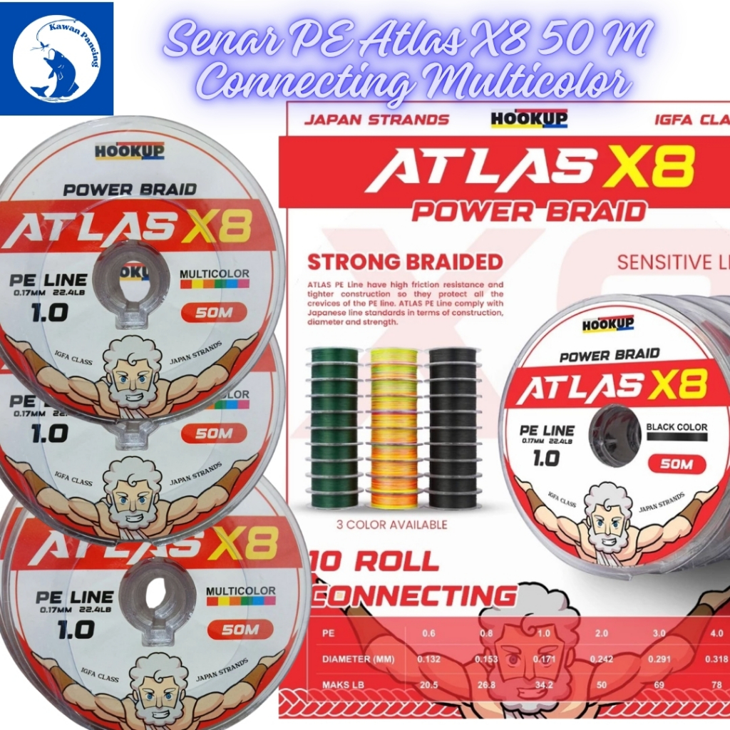 PE Atlas X8 Atlas 50 M Connecting & สายตกปลาหลากสี