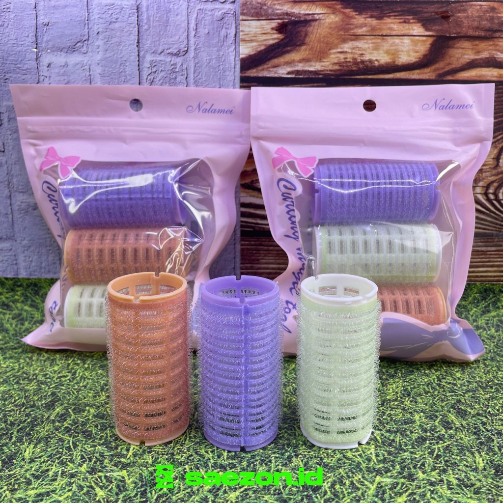 (3 ชิ้น) ขนาดใหญ่ 3 สี PASTEL HAIR ROLLERS NALAMEI BRAND ZIPLOCK PACKAGING / เครื่องม้วนผมผู้หญิง / 