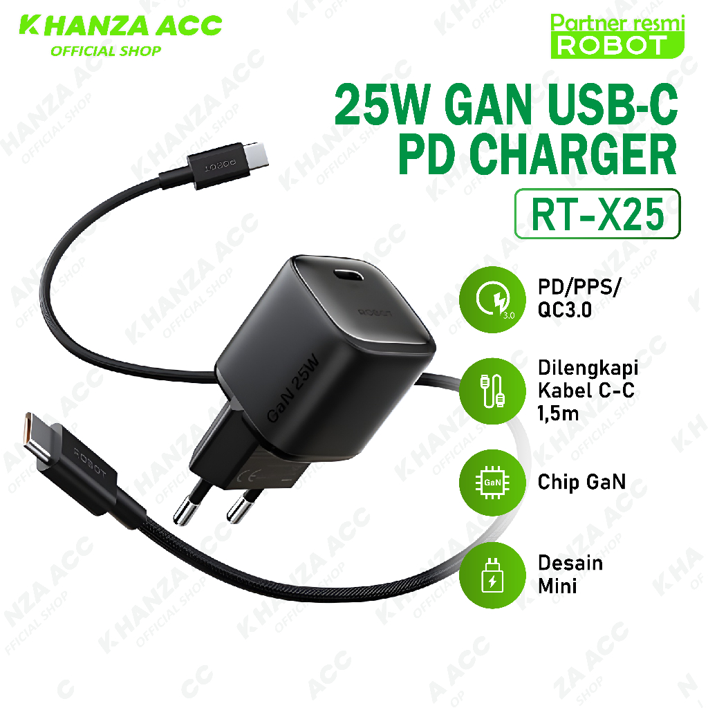 ROBOT RT-X25 Charger 25W GaN Fast Charging ประกอบด้วยสายเคเบิล Type C ถึง Type C