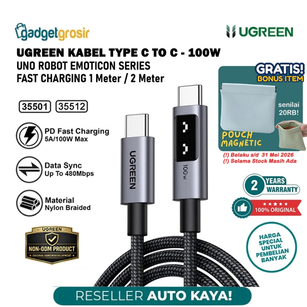 UGREEN UNO Robot Data Charger Cable Type C to C 100W / 240W 1 เมตร/2 เมตรพร้อมจอแสดงผล LED PD Fast C