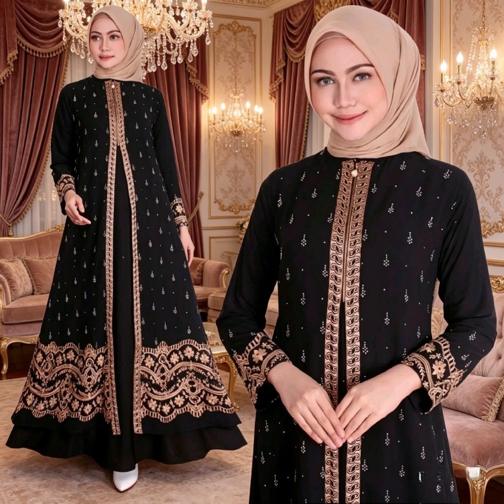 ตุรกี Abaya ชุด/Arab Abaya Jersey Mix Ceruti เย็บปักถักร้อย Swarovski Mote รุ่น 0141 Busui