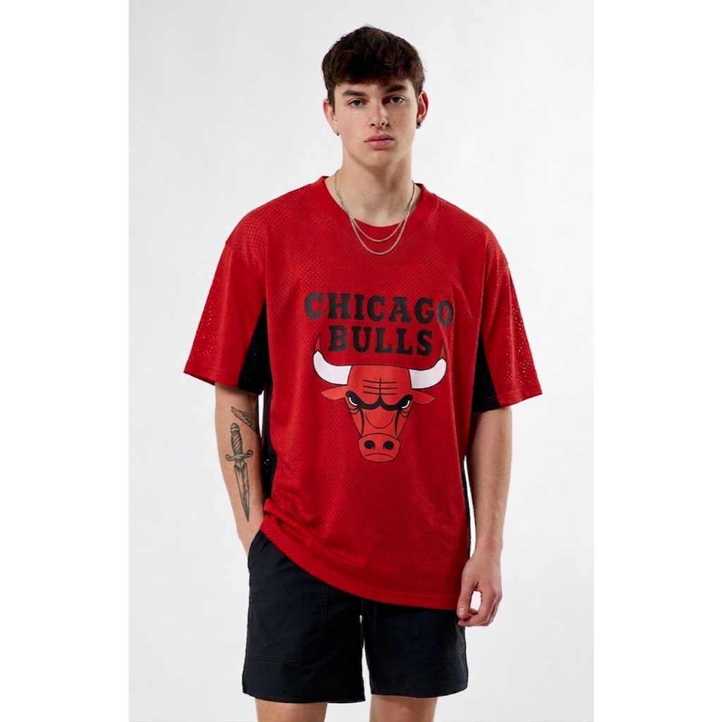 MERAH Chicago Bulls Mc.F supply co Red Mesh Jersey เสื้อยืดโอเวอร์ไซส์