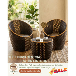 (Ready stok)1 set kursi teras kursi santai kursi outdoor kursi rotan sintetis model gentong bebas pilih motif dan warna free bantal cusion