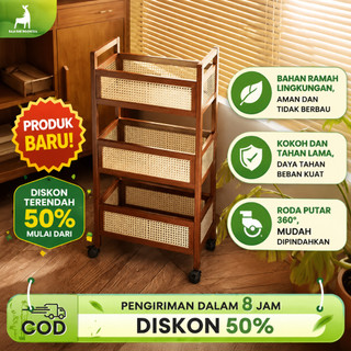 Sunshine Troli Penyimpanan Bambu Rotan Anyaman 3 Tingkat Rak Troli Beroda Multifungs Mudah Dipindahkan & Hemat Ruang