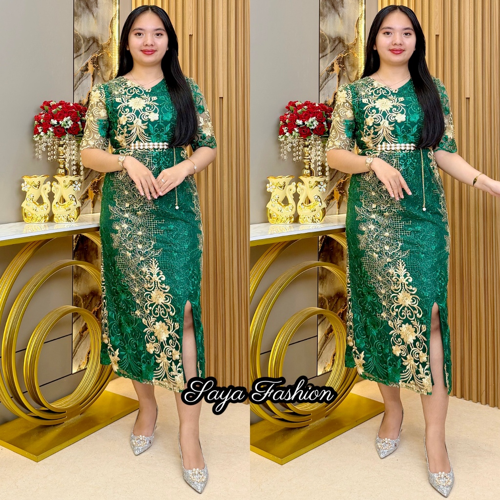 Midi Dress Slim Tile เย็บปักถักร้อยฟรีเข็มขัดไข่มุกชุดปาร์ตี้ผู้หญิง 2210 5
