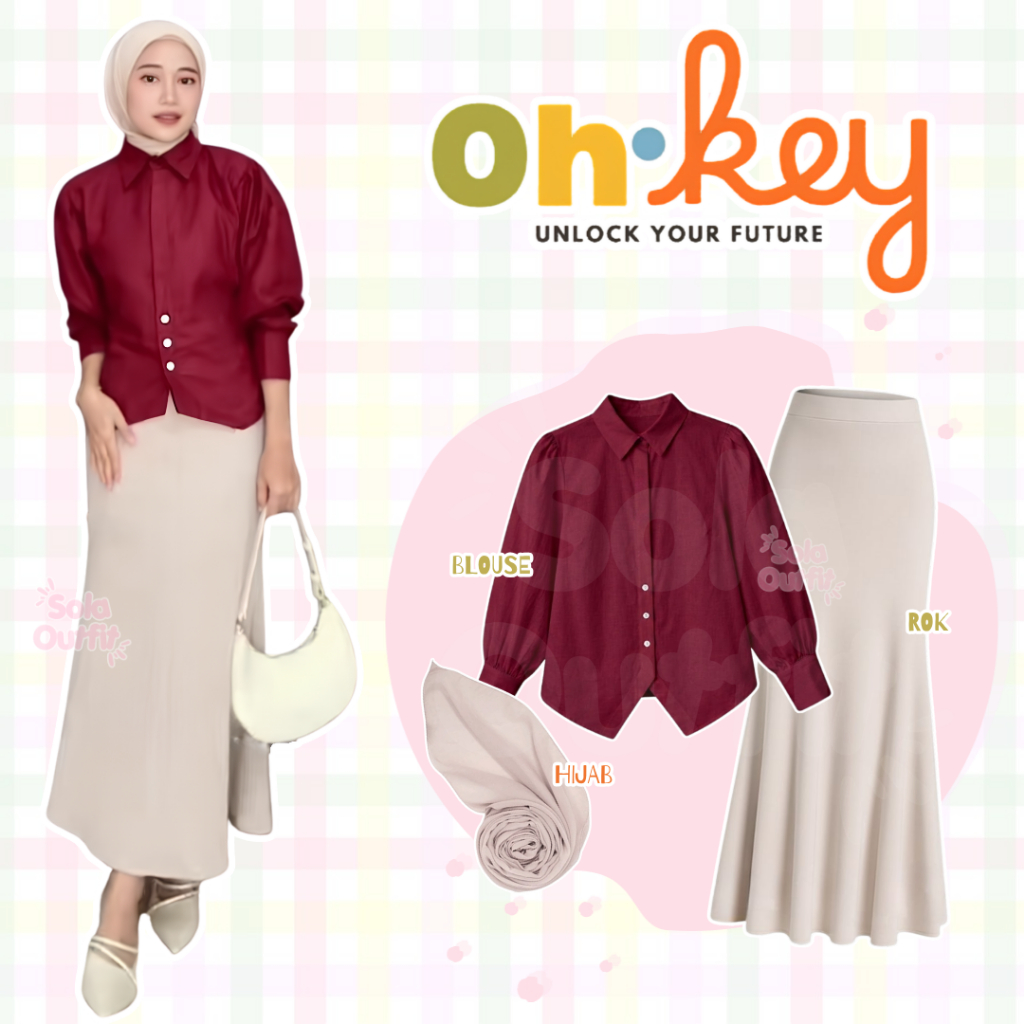 ชุดกระโปรงผู้หญิง 3-in-1 Modern / กระโปรงนางเงือกงาช้าง + เสื้อ Maroon Sanju + Bella Square / ชุดสตร